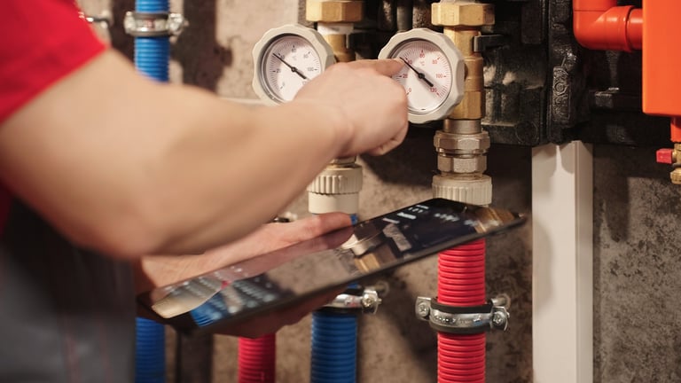 Technician checking heating system gauges and monitoring boiler data using digital tablet