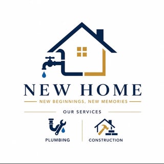 New Home logo featuring house icon with water tap, plumbing and construction service icons below