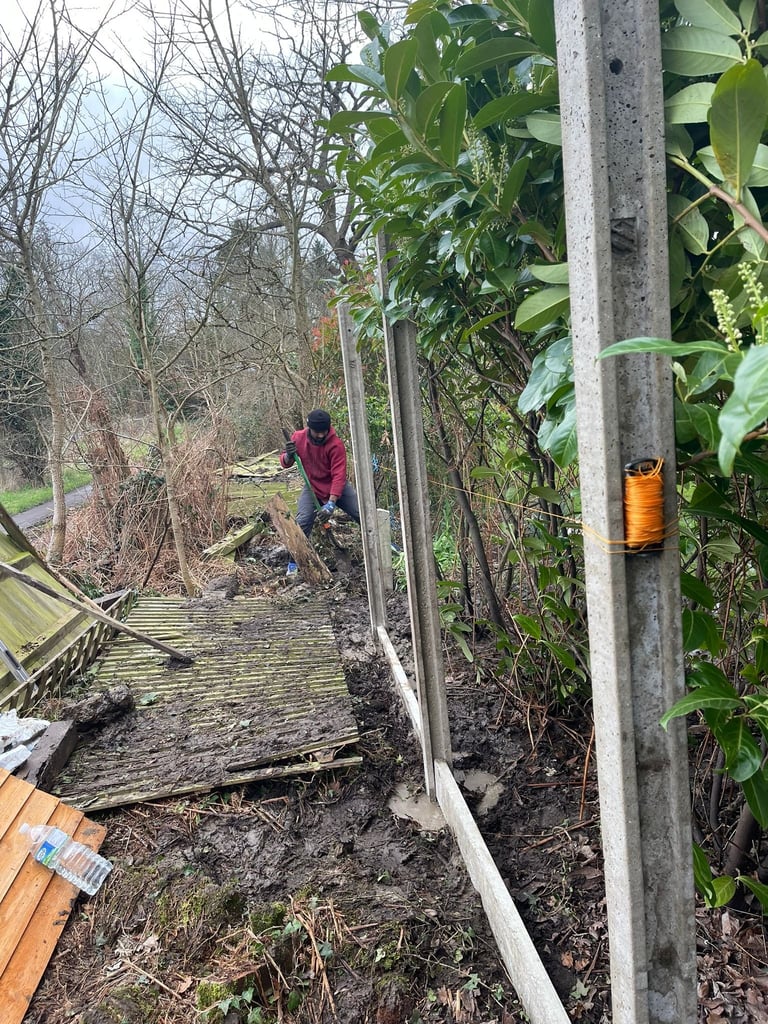 Person in red jacket working on garden path among bare trees and green vines with concrete post visible