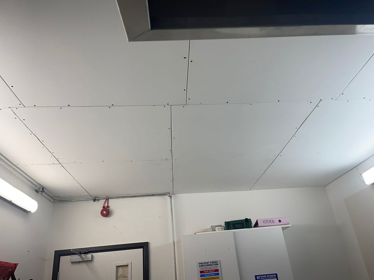 Interior ceiling view with drywall panels, exposed support beams, fluorescent lighting, and an emergency pull cord hanging from above
