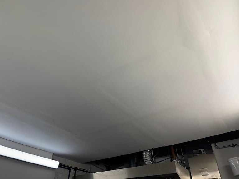 Interior ceiling with fluorescent lighting fixtures and storage cabinets mounted on walls